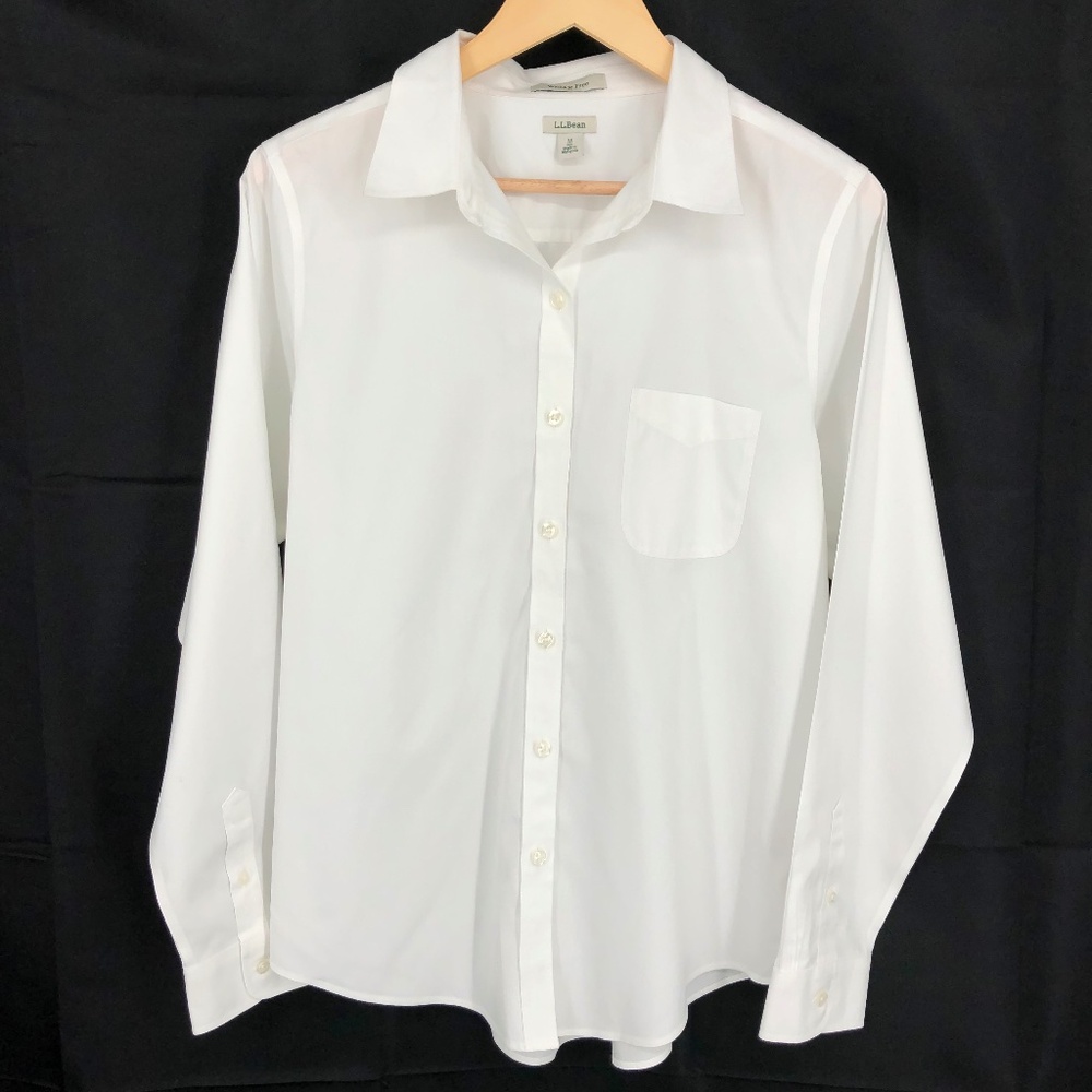 LL Bean Mens Button Front Shirt‎ Size Medium Regular White Wrinkle Free Pocket